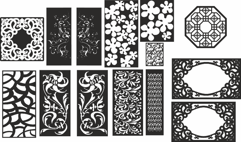 Collection of black and white decorative lattice divider panels