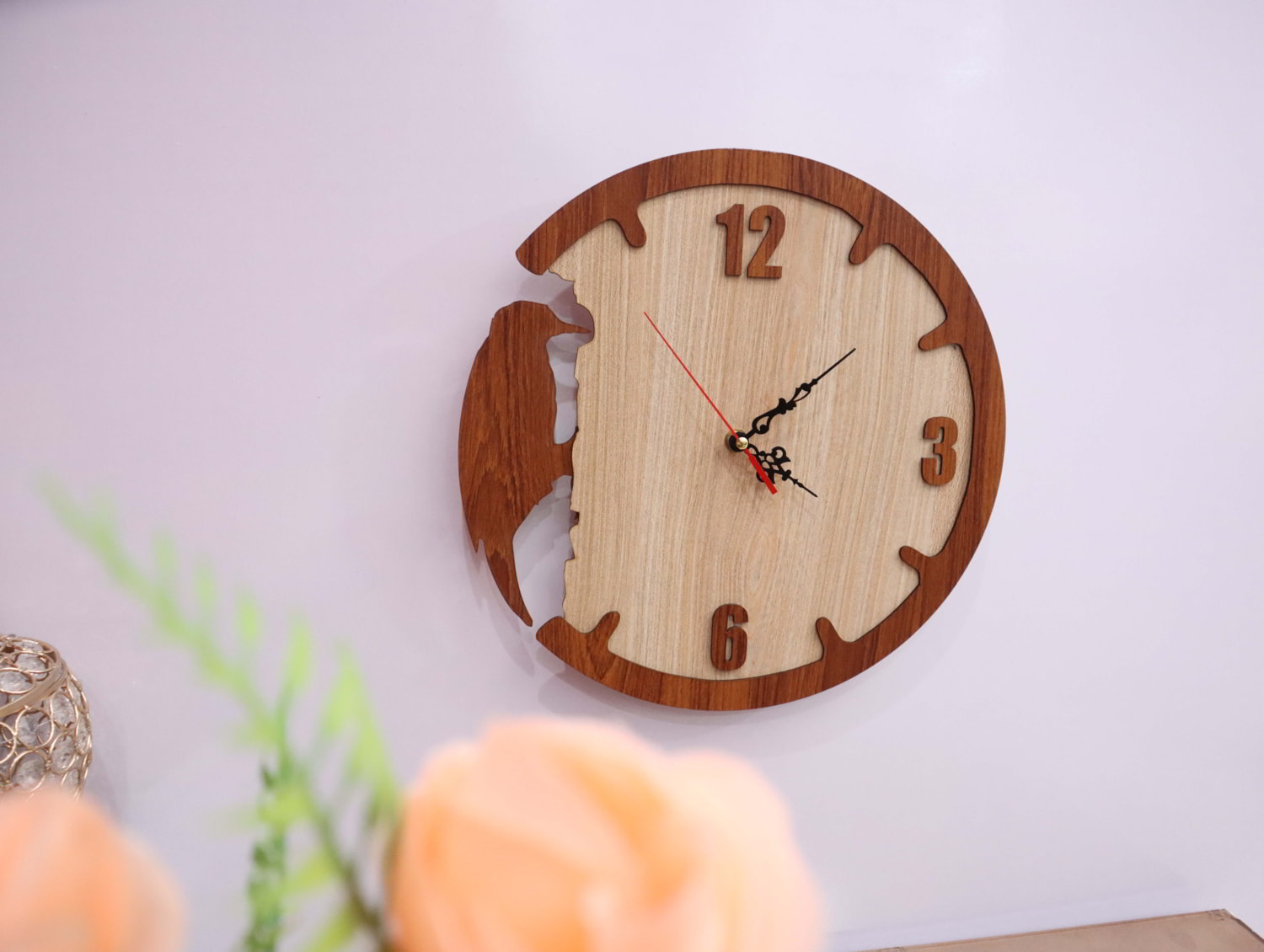Round wooden woodpecker wall clock