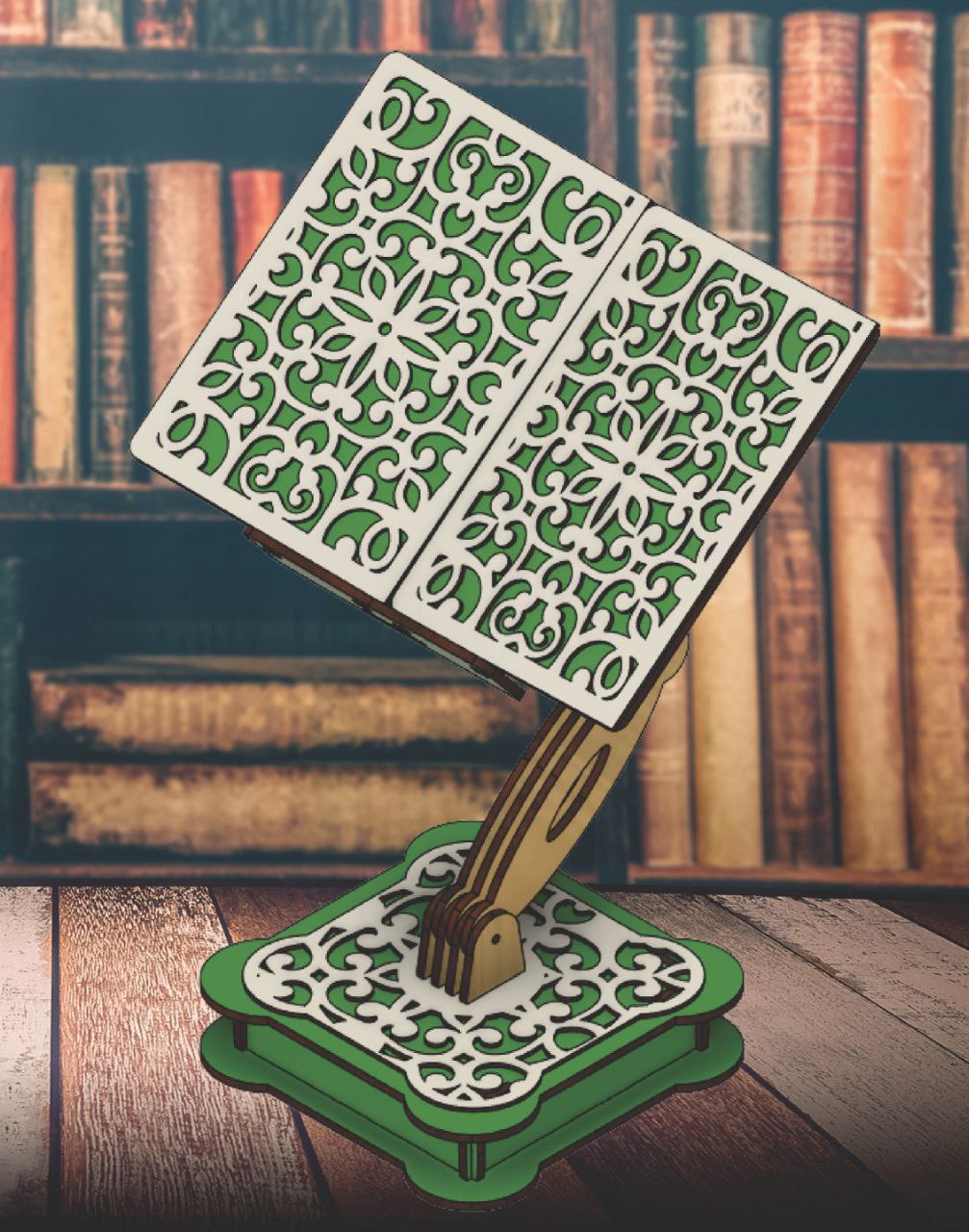 Adjustable wooden Quran stand with a green calligraphy panel